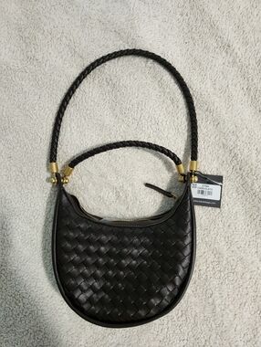 NWT! Braided Leather Crescent Shoulder Bag in Chocolate Brown